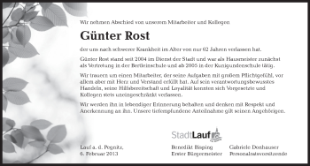 Traueranzeige von Günter Rost von Pegnitz-Zeitung